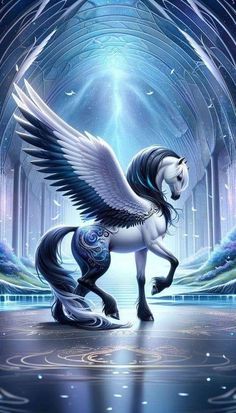 a white horse with black wings standing on its hind legs in front of a tunnel