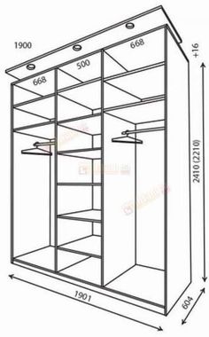 the drawing shows an open closet with shelves and shelving units, as well as measurements for