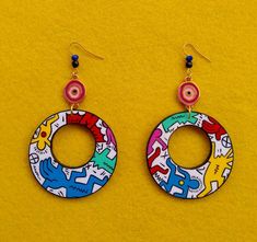 Art Wood Round Earrings Handmade painting Keith Haring Jewelry Quirky Handmade Multicolor Earrings, Quirky Multicolor Handmade Earrings, Hand Painted Multicolor Circular Jewelry, Multicolor Hand Painted Earrings For Art Collection, Fun Hand Painted Yellow Earrings, Fun Yellow Hand Painted Earrings, Fun Hand Painted Drop Earrings, Funky Multicolor Hand Painted Jewelry, Artsy Multicolor Hoop Earrings For Gift