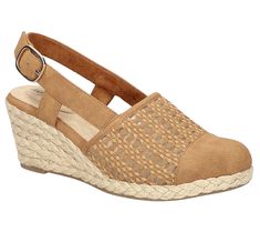 Enjoy fashionable comfort wearing these espadrille sandals that feature woven details and soft padded insoles. From Easy Street. Comfortable Synthetic Wedge Sandals For Spring, Summer Textile Sandals With Cushioned Footbed, Spring Synthetic Sandals With Textured Footbed, Summer Textile Sandals With Textured Footbed, Beige Textile Sandals With Woven Sole, Beige Sandals With Woven Sole, Spring Beach Sandals With Textile Material, Beige Synthetic Espadrilles With Woven Sole, Beige Textile Sandals For Summer