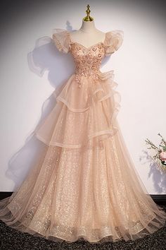 10% off now|Buy champagne tulle with bling ruffled prom dress with beadings at cheap price online. Free stable shipping and pro custom service since 2009. Coming Of Age Ceremony, Champagne Formal Dresses, Purple Wedding Dress, Dress Champagne, Floor Length Prom Dresses, Color Wedding, Color Champagne, Sleeves Dress, Pink Tulle