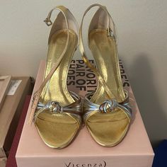 Vicenza Heels, Purchased At Anthropologie. Bought For Wedding And Never Wore. They Are Braided Silver, Gold And Bronze. Heels, Sandals, Two Tone, Mixed Metal. Size 41 Metallic Heels With 4-inch Heel For Gala, Silver Wedding Shoes With 4-inch Heel And Ankle Strap, Gold Wedding Sandals With 4-inch Heel, Gold Open Toe Wedding Shoes With Wrapped Heel, Gold Pointed Toe Sandals For Wedding, Champagne Heels With 4-inch Heel For Gala, Gold Sandals With 4-inch Heel For Wedding, Elegant Metallic Sandals With Heel Strap, Metallic High Heels For Gala