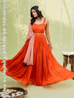 Red Orange Anarkali Set with Contrast Dupatta - Redpine Designs - East Boutique Orange Anarkali, Lengha Blouse, Lengha Blouse Designs, Contrast Dupatta, Georgette Anarkali, Red Kurta, Anarkali Dress Pattern, Zigzag Design, Red Orange Color