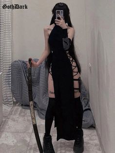 Goth Dark Cosplay High Split Sexy Bandage Women Dresses Y2K Mall Gothic Halter Slim Midi Dress Black Grunge Style Alt Partywear Celana Jogger Wanita, Skirt Shapewear, Midi Dress Black, Gotham, Women Dresses, Pretty Outfits, Dress Black, Dress Length, Black Hair