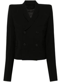 black virgin wool interlock weave peak lapels shoulder pads long sleeves buttoned-cuff sleeves chest welt pocket two side flap pockets two internal slip pockets full lining front button fastening Black Double-breasted Blazer For Tailoring, Wool Tuxedo Blazer With Double-breasted Fastening, Wool Tuxedo Blazer With Double-breasted Button, Tailored Black Double-breasted Blazer, Black Double-breasted Blazer For Business, Black Wool Double Breasted Suit For Office, Wool Tuxedo Blazer With Double Button Closure, Black Double-breasted Blazer With Pressed Crease, Wool Blazer With Double-breasted Button For Office