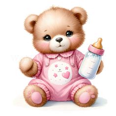 a brown teddy bear holding a baby bottle in it's hand and wearing a pink shirt