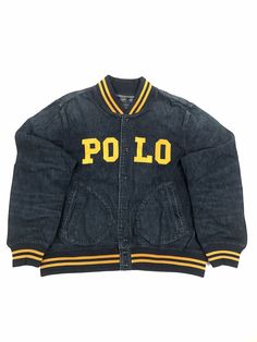 Ralph Lauren’s take on a classic baseball jacket combines lightweight cotton denim and twill patches spelling out "Polo.   DETAILS Striped ribbed baseball collar. Snapped placket. Long sleeves with striped ribbed cuffs. Twill patches spelling out "Polo" at the chest. Two front waist angled pockets. Striped ribbed hem. Shell: 100% cotton. Collar, cuffs, and hem: 91% polyester, 8% nylon, 1% elastane. Machine washable. Imported. PAYMENT I accept PayPal payments. Please pay as soon as the auction is Baseball Varsity Jacket, Creative Direction, Baseball Jacket, Ralph Lauren Polo, Vest Jacket, Polo Ralph, Varsity Jacket, Polo Ralph Lauren, Auction