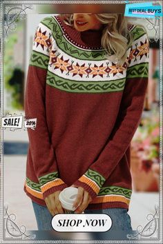 Cotton Long Sleeve Geometric Tunic Sweater Knit Jumper Casual Geometric Pattern Sweater For Fall, Casual Geometric Pattern Fall Sweater, Knit Tops With Fair Isle Pattern For Winter, Multicolor Geometric Pattern Sweater For Fall, Winter Knit Tops With Fair Isle Pattern, Winter Fair Isle Knit Tops, Casual Knit Patterns For Fall, Casual Fall Knit Patterns, Fall Knit Patterns With Crew Neck