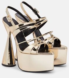 Luxury Gold Sandals For Night Out, Glamorous Gold Platform Sandals, Glamorous Gold Sandals With Platform, Gold Platform Sandals For Formal Occasions, Modern Metallic Party Heels, Luxury Gold Platform Heels, Modern Metallic Platform Heels, Gold Platform Heels For Formal Occasions, Gold Platform Sandals For Night Out