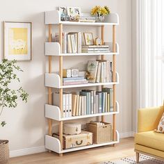 a living room with a yellow chair and bookshelf filled with books on top of it