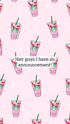 a pink wallpaper with starbucks cups and strawberries on the top, all in different colors