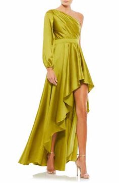 Mac Duggal Pleated One-Shoulder Gown | Nordstrom Flowy Gown, High Low Gown, Pleated Gown, Mac Duggal Dresses, Satin Evening Dresses, One Shoulder Gown, Pleated Bodice, Cocktail Evening Dresses, Mac Duggal