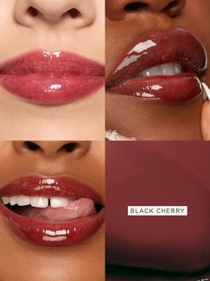 Black Cherry Lipgloss, Cool Lip Makeup, Burgundy Lip Combo, Lip Gloss Black Women, Black Cherry Makeup, Cherry Cola Lips, Lip Products Aesthetic, Best Lip Glosses, Juicy Lip Gloss