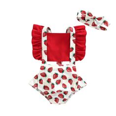 Your little one will be the cutest, most stylish baby at the park when they are dressed in this adorable strawberry print baby romper. Perfect for spring and summer. seasons. Material: Polyester, Cotton Playful Fitted Red Bubble Romper, Red Bubble Romper For Summer Beach, Cute Red Bubble Romper For Spring, Fitted Red Bubble Romper For Summer, Red Fitted Bubble Romper For Summer, Fitted Red Bubble Romper With Ruffles, Strawberry Romper, Summer Outfit Accessories, Red Romper