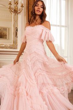 Elia Off-Shoulder Gown – Pink | Needle & Thread Rose Gown, Tulle Ruffles, Gown Pink, Falling Star, Off Shoulder Gown, Needle Thread, Cape Dress, Layered Skirt, Embellished Dress