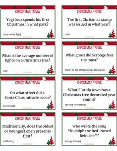 six christmas trivias with red and green trimming on the top, one for santa