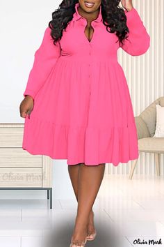 Olivia Mark - Stylish A-Line Dress for Plus-Size Women featuring Tangerine Red Solid Patchwork, Buckle Closure, and a Fold-Down Collar. Pink Dresses Plus Size, Bright Pink Dresses, Button Down Shirt Dress, Dresses Chiffon, Dresses Plus Size, Pink Dresses, Lace Dress Long, Vestidos Vintage, Long Sleeve Lace Dress