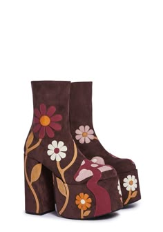 Current Mood Mushroom Daisy Vegan Suede Platform Boots - Brown – Dolls Kill 70 Summer Fashion, Colorful Platform Boots, Chunky 70s Heels, 70s Platform Heels, Brown Gogo Boots, Retro Suede Boots For Fall, Mushroom Heels, Mushroom Boots, 70s Platform Boots