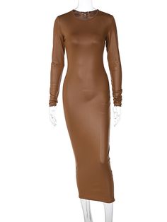 Features: Be elegant and eye-catching with this sophisticated Jill Full Sleeve Bodycon Midi Dress. This full sleeve design includes an O-neck and a stylish, slim split that gives a sultry look. It's the perfect dress for formal or dressy occasions. Solid Long Sleeve Fitted Maxi Dress, Solid Color Fitted Long Sleeve Maxi Dress, Stretch Full-length Long Sleeve Party Dress, Stretch Long Sleeve Long Dress For Party, Sleek Long Sleeve Evening Bodycon Dress, Elegant Long Sleeve Brown Maxi Dress, Elegant Brown Maxi Dress With Long Sleeves, Sleek Fitted Long Sleeve Midi Dress, Elegant Brown Long Sleeve Maxi Dress