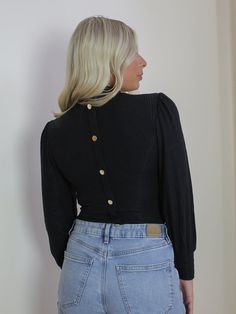 Black Top with Gold Button Detail Candles For Sale, Long Sleeve Knit Tops, Gold Buttons, Earring Sale, Long Sleeve Knit, Black Long Sleeve, Soft Fabrics, Chains Necklace, Knit Top