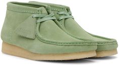 Ankle-high suede desert boots in green. · Square moc toe · Detachable logo tags at lace-up closure · Padded collar · FSC®-certified crepe rubber platform sole · Platform: H1 in Supplier color: Green Casual Green Boots With Leather Sole, Green Lace-up Boots With Leather Sole, Desert Boots Clarks, Clarks Boots, Green Platform, Men's Clarks, Ankle Boots Men, Green Square, Men Suede