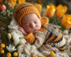 a newborn baby wearing a knitted bee outfit and sleeping on a blanket with flowers in the background