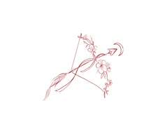 an arrow with flowers on it is drawn in red and black ink against a white background