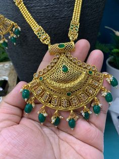 22k gold plated south style necklace / rani haar. Comes with matching earring . Adjustable dori , pearl work all over them mala and clear polki work. earring is about 2.5 inch long, push back . Rani Haar, Pearl Work, Style Necklace, 22k Gold, Matching Earrings, Emerald Green, Temple, Emerald, Gold Plate