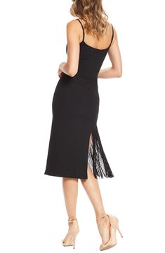 Panels of swishy fringe bring eye-catching movement to the sides of a party-ready midi dress with an elegant neckline and slim straps. Style Name:Dress The Population Rory Midi Dress. Style Number: 5768615. Elegant Dresses With Feather Trim And Spaghetti Straps, Elegant Fringe Dress For Gala, Elegant Midi Dress With Feather Trim For Night Out, Elegant Feather Trim Midi Dress For Night Out, Evening Midi Dress With Feather Trim, Evening Dress With Fringe And Spaghetti Straps, Fringe Spaghetti Strap Evening Dress, Spaghetti Strap Evening Dress With Fringe, Elegant Sleeveless Midi Dress With Fringe