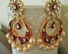 Bollywood Earrings Chandbali White Kundan Earrings Statement | Etsy Temple Style Wedding Hoop Earrings With Pearl Drop, Wedding Temple Jewelry Hoop Earrings With Pearl Drop, Traditional Dangle Pearl Earrings For Anniversary, Traditional Pierced Hoop Earrings For Wedding, Traditional Pierced Bridal Earrings For Wedding, Traditional Wedding Hoop Earrings, Traditional Pearl Drop Hoop Earrings For Wedding, Red Pierced Earrings For Wedding, Traditional Wedding Chandelier Earrings