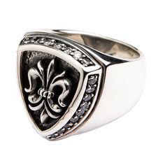 925 Sterling Silver Diamond Fleur De Lis Ring  100% solid 925 sterling silver  Stamp.925 trademark inside the band  Ring weight: 23g   Ring face measures: 21mm x 25mm  No. diamond clear stones: 25   A symbol of unity, this masculine dress ring features the recognisable symbol of the Fleur De Lis. Long since recognised in the Catholic church, this three leaf lily has been bound together to symbol a united front within French history. Here, it sits proudly from a darkened silver shield background Silver Diamond Engraved Signet Ring, Silver Signet Ring With Vvs Clarity For Formal Occasions, Silver Signet Ring With Diamond Accents, Silver Signet Ring With Diamond Accents For Promise, Classic Silver Engraved Ring With Diamond Accents, Classic Silver Diamond Ring Engraved, Silver Signet Ring With Brilliant Cut Fine Jewelry, Silver Diamond Signet Ring With Vs Clarity, Silver Signet Ring With Brilliant Cut As Gift