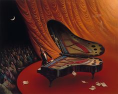 a painting of a man sitting at a grand piano in front of an auditorium full of people