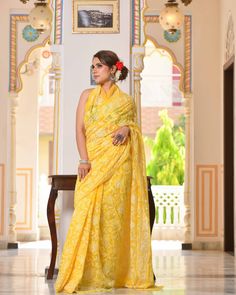 Premium Semi Georgette Full Chikankari Embroidered  Saree Fabric: Faux Georgette   Length: 6.5 metres (blouse inclusive) Color: Sunshine Yellow Saree Includes Blouse in same color with chikankari Work Work: Chikankari Shaded work done intricately all over the sari with motifs of flower and Paisley. 100% hand embroidered  Full Chikankari Embroidery Thread: Cotton White Thread Use bags to safeguard your sarees Note: motifs may vary for each sarees. There might be a 10-15% difference in colour due Yellow Chikankari Embroidered Traditional Wear In Georgette, Chikankari Embroidery Georgette Saree For Puja, Yellow Chikankari Traditional Wear In Georgette, Yellow Unstitched Chikankari Blouse Piece, Yellow Unstitched Blouse With Chikankari Embroidery, Yellow Chikankari Embroidery Georgette Saree, Yellow Georgette Saree With Chikankari Embroidery, Yellow Chikankari Embroidery Blouse Piece, Yellow Semi-stitched Blouse With Chikankari Embroidery