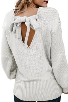 Women White Hollow-out Back Sweater with Tie Specifications Item Type Long Sleeve Tops Decoration hollow out Size Type regular Sleeve Length full sleeve Neckline o-neck Occasion winter Pattern solid Style casual Material 55%Acrylic+45%Cotton •This solid color sweater is elegant and sassy with a modest style with sexy hollow-out back •Any jeans and casual pants pair well with this plain sweater •And we also provide you different colors and sizes to choose Note:1.There maybe 1-2 cm deviation in di Back Cut Out Sweater, Backless Sweater, Montana Vacation, Robes Glamour, Plain Sweaters, Straight Clothes, Pullover Mode, Solid Color Sweater, Harajuku Streetwear