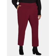 Stylish and flattering; these women's Pull-on Pants from Just My Size will quickly become your go-to for work and beyond. A hidden mesh panel slims and shapes your tummy area while keeping you comfortable all day long. Crafted in a season-spanning fabric for year-round wear these pants are sure to be a new fave. Pair back to your favorite flats and you are set for the day in classic style. Size: 4X (26W).  Color: Purple.  Gender: female.  Age Group: adult. Apple Shaped Body Outfits Plus Size, Comfortable Dress Pants, Apple Body Shapes, Burgundy Pants, Body Outfit, Just My Size, Plus Size Pants, My Size, Mesh Panel