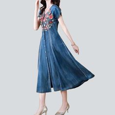 Take your wardrobe to the next level with this urban-style chest embroidery denim dress from our 2023 Spring-Summer Collection. This fit and flare dress is sure to turn heads with its bold and city design. complete with a buttoned closure.Why You'll Love It: Show-Stopping Embroidery: This dress is sure to make you stand out with its intricate chest embroidery. Street-Style Vibes: An effortlessly cool look that will make you look chic without compromising on ease. Fit and Flare Look: The dress is Style Denim Dress, Denim Dresses Online, Embroidery Denim, Womens Denim Dress, Street Trends, City Design, Embroidered Denim, City Style, Denim Flares