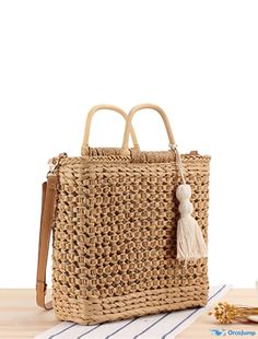 OrcaJump - Womens Shoulder Bag Top Handle Straw Bag Polyester Cotton Solid Color Daily Outing Camel Beige Light Brown Woven Bags For Daily Use, Daily Use Light Brown Woven Bag, Beige Woven Bags For Daily Use, Travel-friendly Woven Light Brown Shoulder Bag, Light Brown Vacation Bag With Adjustable Strap, Travel Light Brown Woven Shoulder Bag, Light Brown Woven Shoulder Bag For Travel, Light Brown Woven Rectangular Bag, Rectangular Woven Light Brown Bag