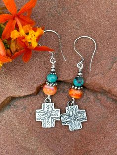 Sterling Silver Southwestetn Cross Dangle Earrings, with Spiny Oyster and Turquoise. Southwest Summer Boho!  on Sterling Earwire. 2.5 inches long Bohemian Multicolor Hypoallergenic Jewelry, Southwestern Nickel-free Jewelry As Gift, Southwestern Style Drop Earrings, Nickel-free Southwestern Style Jewelry As Gift, Nickel Free Southwestern Jewelry For Gift, Rustic Turquoise Nickel Free Earrings, Nickel-free Southwestern Style Jewelry For Gift, Nickel-free Southwestern Jewelry For Gift, Rustic Turquoise Nickel-free Earrings