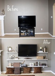 before and after pictures of a living room with built - in shelving, tv on the wall