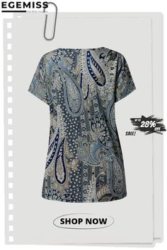 Folk Paisley Loose Pullover Boho Top T-shirt Casual V-neck Top With All Over Print, Cotton V-neck Top With All Over Print, Bohemian Patterned Short Sleeve Tops, Bohemian Short Sleeve Patterned Tops, Relaxed Fit Short Sleeve Tops With All Over Print, Bohemian Printed Short Sleeve Tops, Casual Patterned Blouse With All Over Print, Printed Relaxed Fit Blouse With Crew Neck, Printed Blouse With Relaxed Fit And Crew Neck