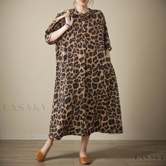 Lasaky - Vintage-inspired Loose Leopard Print Short-Sleeve Resort Dress Casual Half Sleeve Maxi Dress For Fall, Casual Printed Midi Dress With Half Sleeves, Casual Oversized Printed Dresses, Casual Half Sleeve Midi Dress For Vacation, Casual Oversized Brown Maxi Dress, Oversized Brown Casual Maxi Dress, Oversized Brown Maxi Dress Casual, Brown Relaxed Fit Dress For Vacation, Relaxed Fit Brown Dress For Vacation