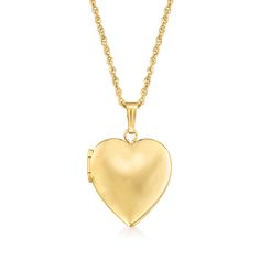 Ross-Simons - Plain - 14kt Yellow Gold Heart Locket Necklace. 20". Make her day with our luxe symbol of love! Crafted in polished 14kt yellow gold, our heart locket necklace is a timeless choice for so many occasions. Fits a 5/16" x 3/8" photo inside. Suspends from a rope chain. Springring clasp, 14kt yellow gold heart locket necklace. Classic Heart Shaped 14k Gold Locket Necklace, Classic 14k Gold Heart Locket Necklace, Classic Yellow Gold Locket Necklace With Heart Charm, Elegant Polished Locket Necklace For Valentine's Day, Elegant Yellow Gold Locket Necklace For Valentine's Day, Classic Locket Jewelry For Valentine's Day, Yellow Gold Heart Cut Locket Necklace For Anniversary, Classic Yellow Gold Heart Locket Necklace, Classic Gold Locket Necklace With Heart Charm