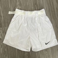 Size: S New W/Tags White Built In Waist Belt Drifit High Waisted Athleisure White Sportswear Athletic Shorts With Pockets, Nike Activewear With Elastic Waistband For Summer, White Summer Activewear With Pockets, Nike Summer Activewear With Elastic Waistband, Nike High-waisted Sporty Shorts, White Athletic Shorts For Streetwear In Spring, Nike Athletic Shorts For Spring Sports, Nike Summer Activewear Shorts, Sporty Nike High-waisted Shorts