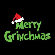 the words merry grinmas written in green and red with a santa hat on top