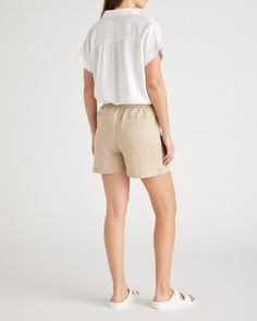 Relaxed and lightweight, these shorts are equally perfect for lounging around or stepping out to see friends. Made from soft, 100% organic linen, they’re a perfect addition for the warm weather.  | Quince | Women's Shorts in Driftwood, Size XL, Linen Natural Textiles, European Linens, Re A, Fleece Shorts, Organic Linens, Stepping Out, Summer Staples, Linen Shorts, Mock Neck Sweater