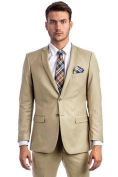 Men's Basic 2 Button Slim Fit Wedding Suit in Tan Beige Notch Lapel Blazer For Groom, Long Sleeve Sport Coat With Hidden Button For Wedding, Beige Blazer For Groom, Beige Tuxedo Blazer For Groom, Classic Tailored Blazer For Wedding, Classic Tailored Wedding Blazer, Wedding Outerwear With Single Button And Notch Lapel, Classic Wedding Blazer With Hidden Button Closure, Slim Fit Wedding Blazer With Suit Collar