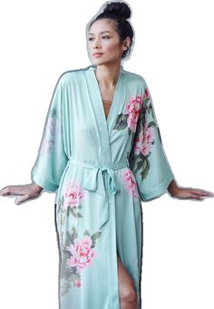 Wedding Robe With Kimono Sleeves For Spring, Long Robe With Tie Waist For Daywear, Spring Wedding Open Front Kimono, Long Daywear Robe With Tie Waist, Long Tie Waist Kimono For Daywear, Flowy Wrap Robe For Spring, Daywear Kimono With Tie Waist And Kimono Sleeves, Wrap Kimono For Spring Wedding, Wrap Kimono With Tie Waist For Daywear