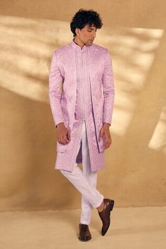 Onion pink overlap panel sherwani with embroidered geometric patterns. Comes with pant. - Aza Fashions Festive Pink Designer Bandhgala, Designer Pink Bandhgala With Zari Work, Designer Pink Sherwani For Festive Season, Pink Fitted Nehru Jacket With Resham Embroidery, Designer Fitted Pink Kurta, Designer Pink Fitted Kurta, Pink Fitted Nehru Jacket With Chikankari Embroidery, Fitted Pink Sherwani With Chikankari Embroidery, Pink Fitted Sherwani With Chikankari Embroidery