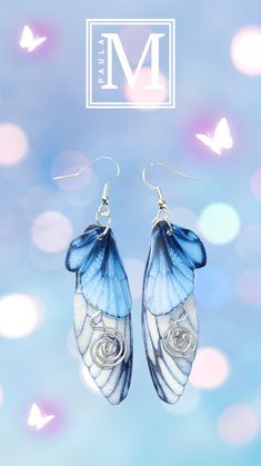 Blue butterfly wing earrings 🦋 see the collection at paulamcnulty.com Fairycore Earrings, Blue Butterfly Earrings, Blue Butterfly Wings, Kawaii Hair Clips, Insect Wings, Fairycore Aesthetic, Butterfly Wing Earrings, Butterfly Wing, Wings Design