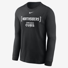 This Chicago Cubs Fashion T-Shirt features bold team graphics and soft cotton fabric to help get you ready for game day. Long Sleeve Sports T-shirt With Team Logo, Long Sleeve T-shirt With Team Logo For Fan Gear, Collegiate Crew T-shirt For Fan Gear, Long Sleeve T-shirt With Team Name For Fans, Long Sleeve T-shirt With Team Logo For Streetwear, Long Sleeve T-shirt For Baseball Game Day, Team Name Long Sleeve T-shirt For Baseball Season, Nike Baseball Season Fan Apparel T-shirt, Nike T-shirt With Letter Print For Baseball Season